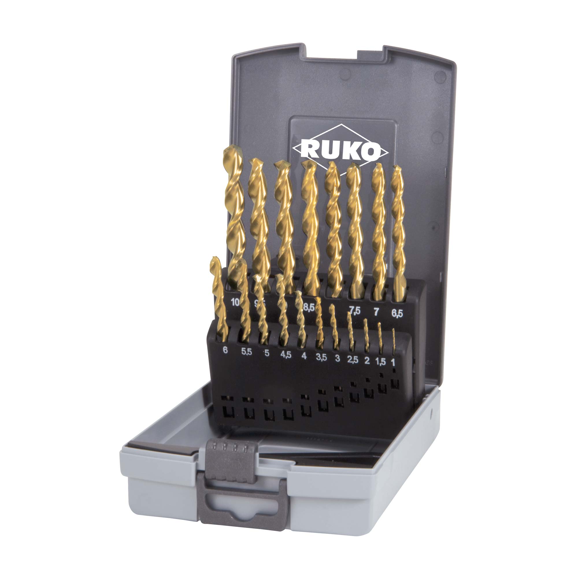 Набор сверл по металлу Ruko 1-10мм 19шт HSS-G TiN 130° TL3000 DIN338 258214TRO