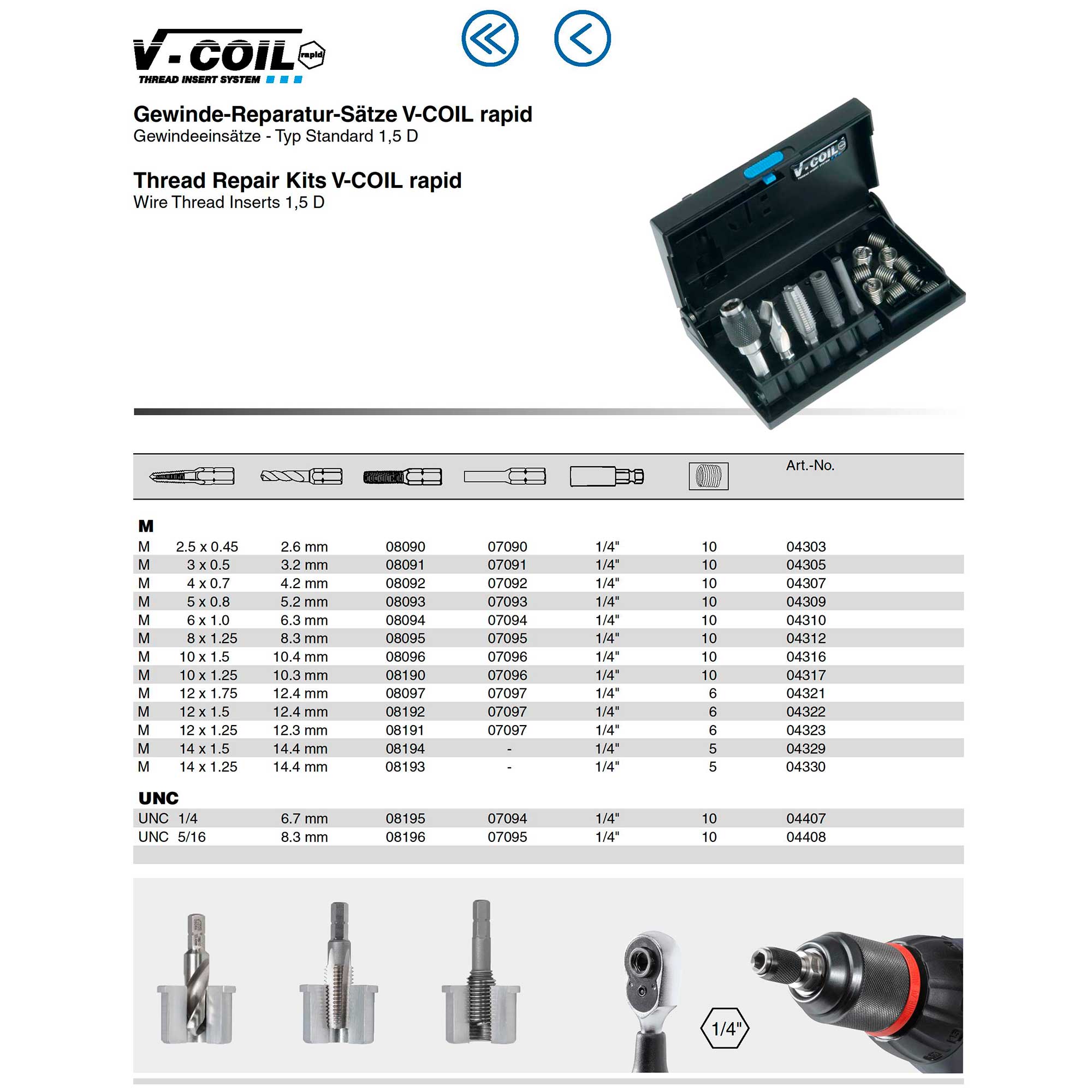 Набор для восстановления резьбы UNC 1/4" -20 15пр V-Coil Rapid Volkel 04407