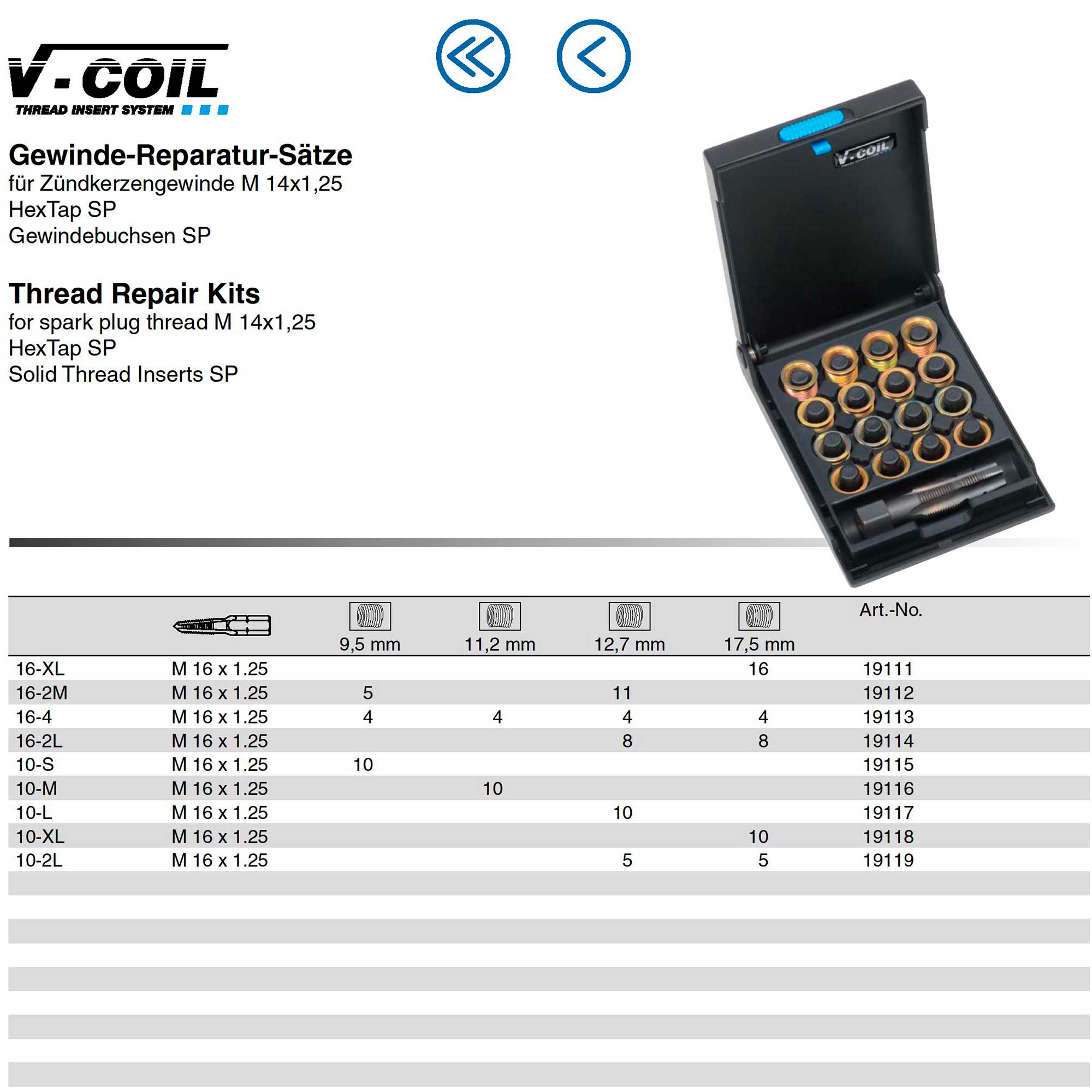 Набор для восстановления резьбы 10-2L М14х1,25 11пр V-Coil Volkel 19119