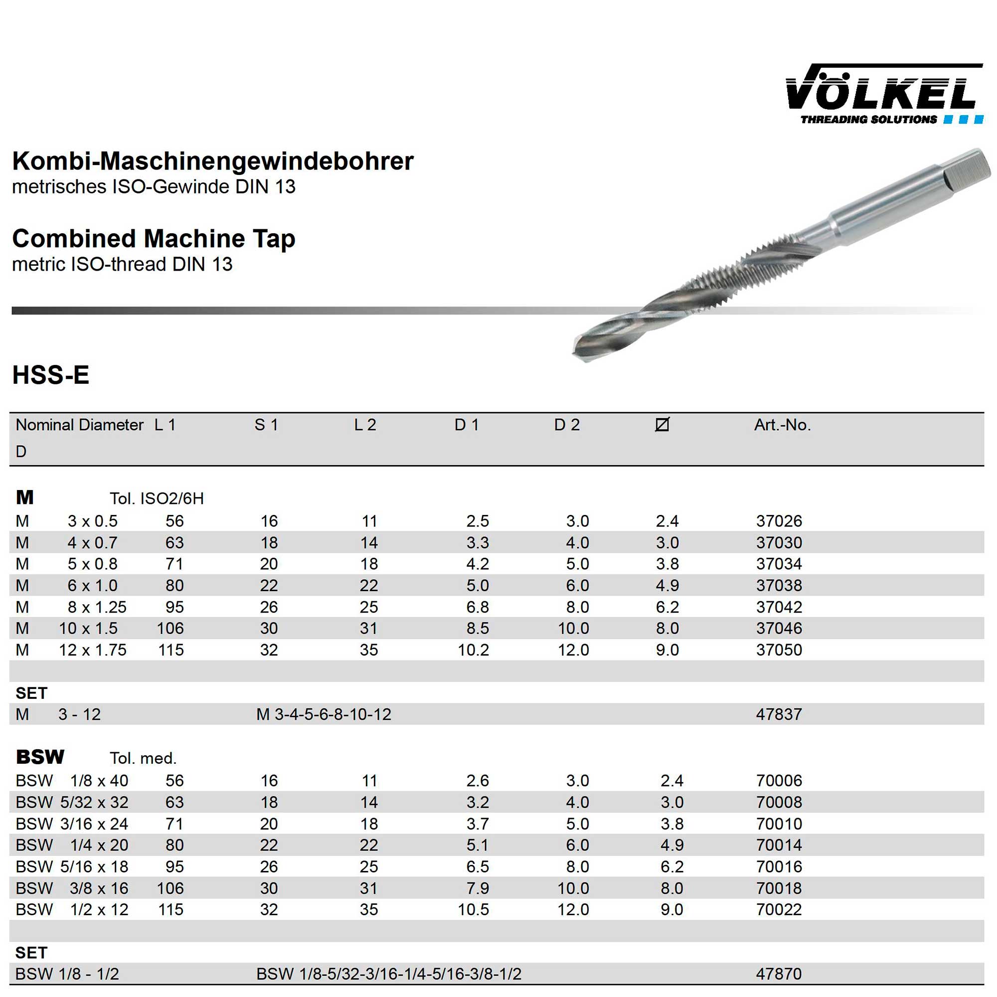 Метчик комбинированный Volkel HSSE 6h метрическая резьба М5х0,8 37034