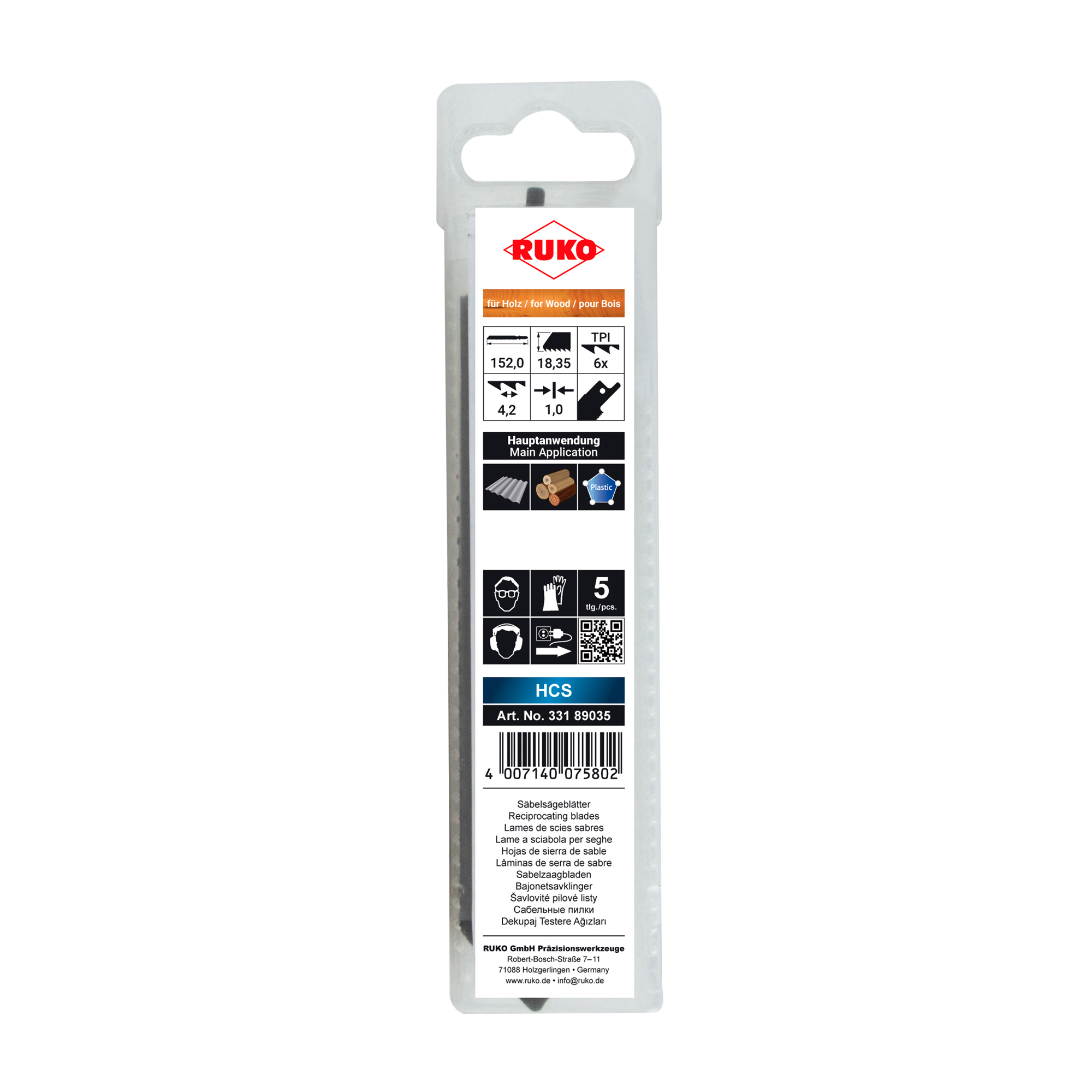 Полотно для сабельных пил 152мм HCS 6Tpi S828D 5шт Ruko 33189035