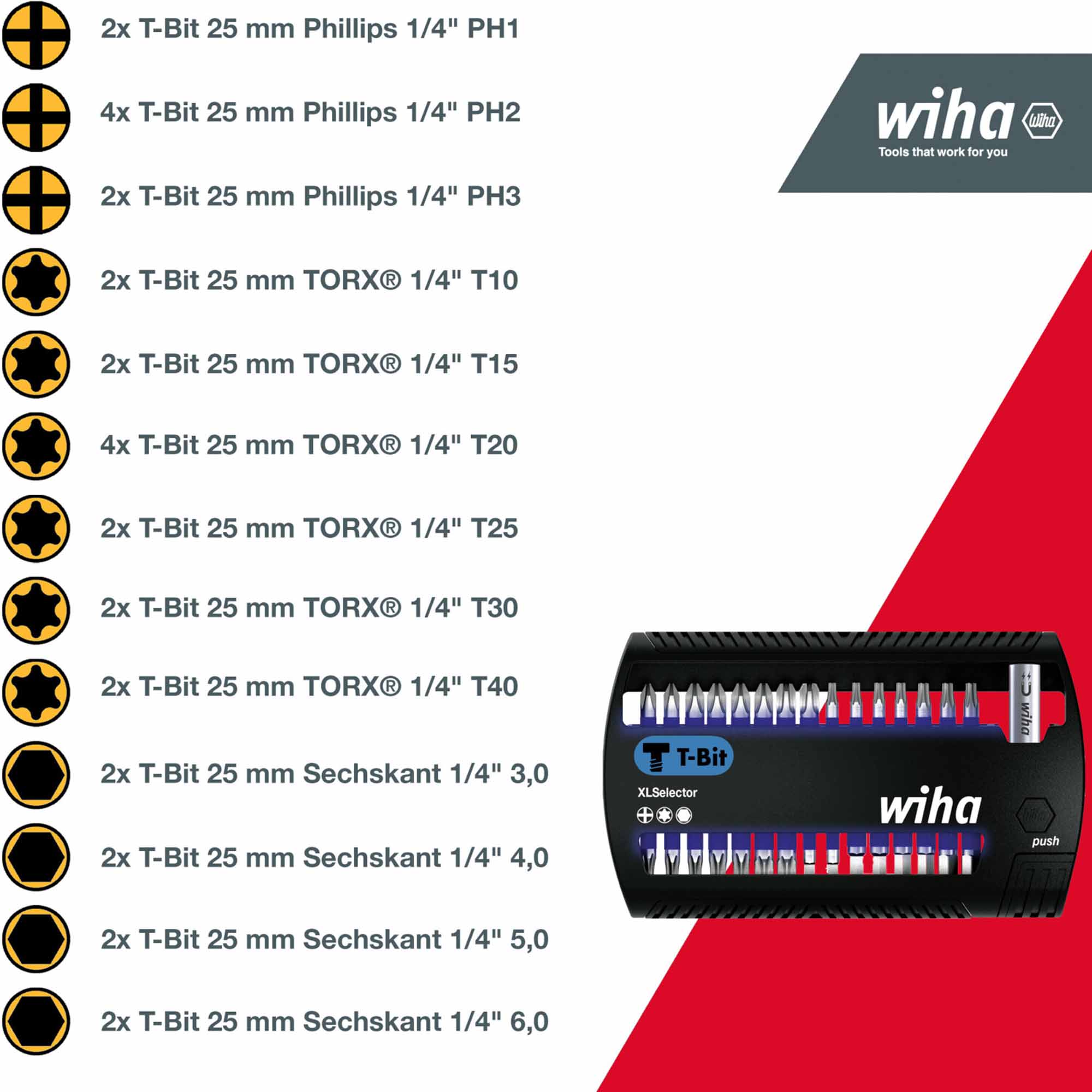 Набор бит XLSelector T-Bit PH/TORX/HEX Impact 25мм 31шт Wiha SB-7948-T999 41830