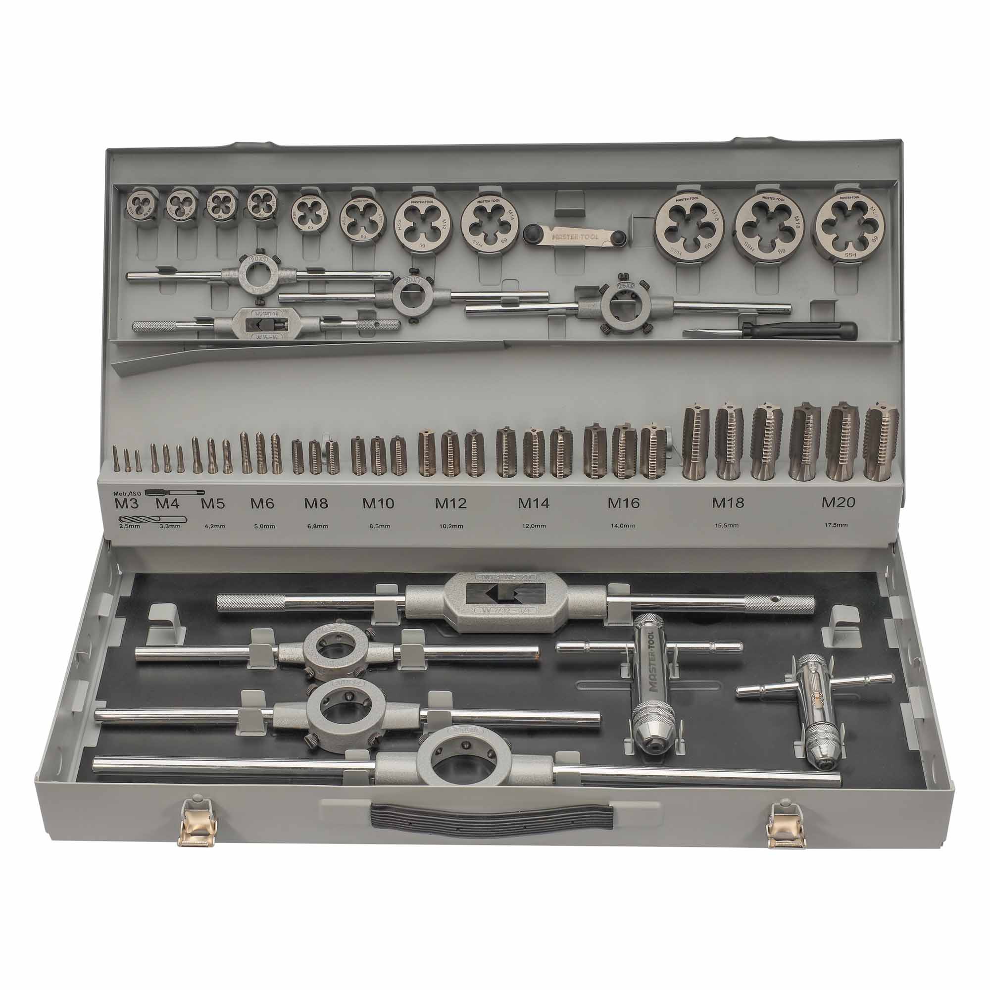 Набор метчиков и плашек MASTER-TOOL M3 -M20 HSS-G 56пр 1017601010004