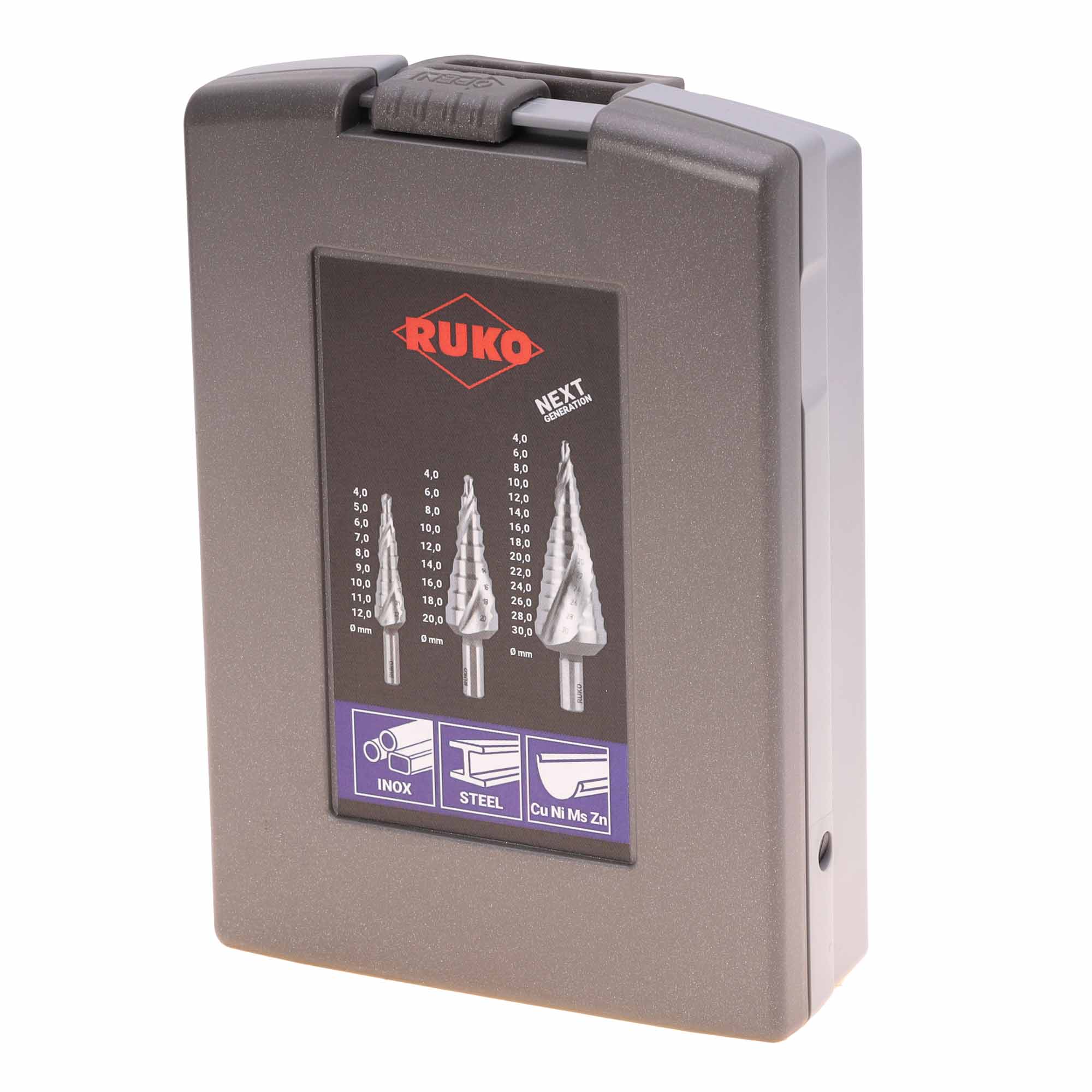 Набор ступенчатых сверл Ruko NextGeneration 4-12/4-20/4-30мм HSSE-Co5 3шт 101026ERO